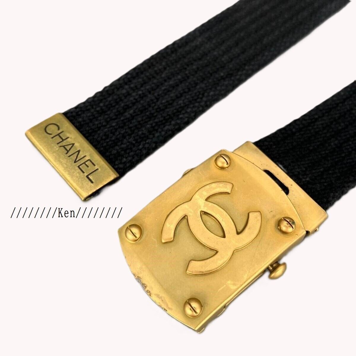 CHANEL Belt CC Logo Gold Black Vintage GP Coco buckle Plate CHANEL Belt CC Logo Gold Black Vintage GP Coco buckle Plate
