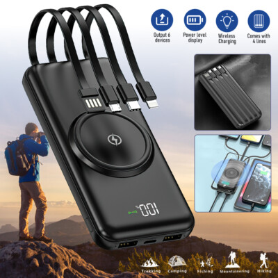 90000mAh Wireless Power Bank Fast Charging Built in Cable Portable Phone Charger