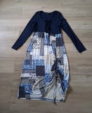 BPC Navy Blue Patchwork Print Stretch Maxi Dress Pull Tie Side & Front Uk8/10 S