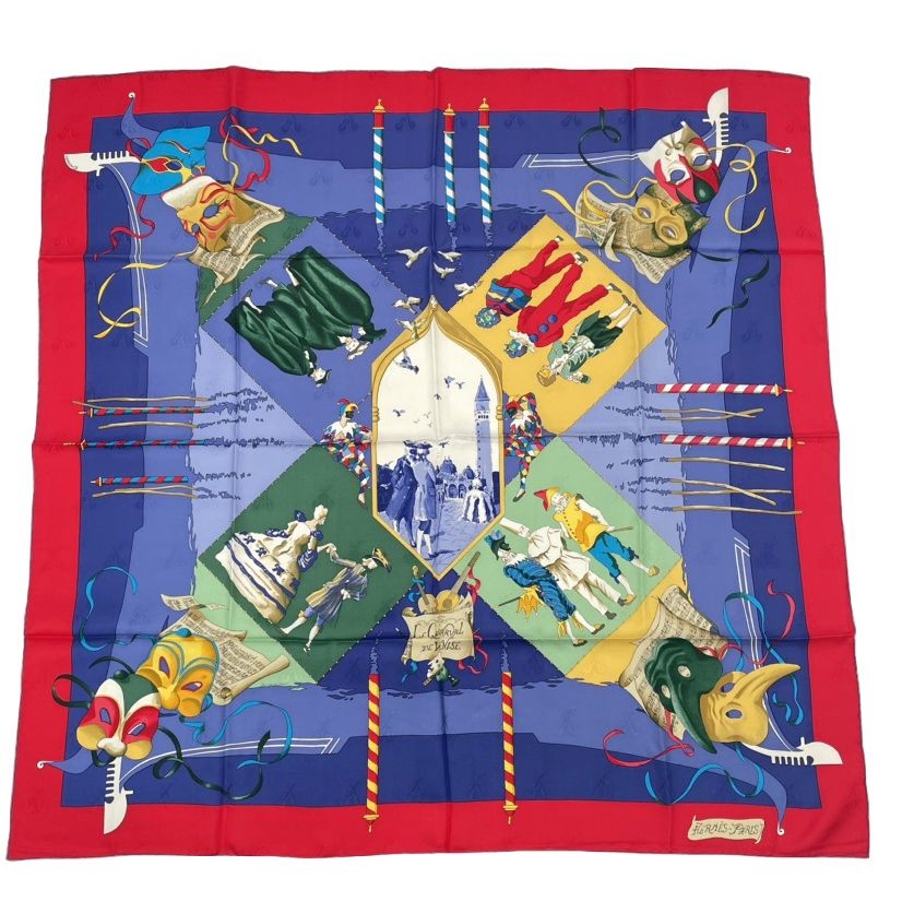 HERMES Carre 90 Carnaval de Venise Scarf 100% Silk Blue Red | eBay
