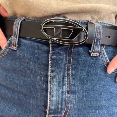 Diesel Women B-1DR 25 Leather Belt with Enamelled Buckle Black