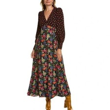 BODEN Blouson Sleeve Maxi Dress Black Red Floral Print V-Neck Retro Boho 2P