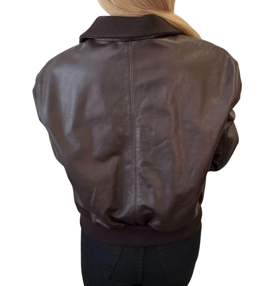 CHANEL винтажный CC Mark логотип кожаная куртка Топ #38 коричневый золото шелк молнии - Изображение 4 из 4