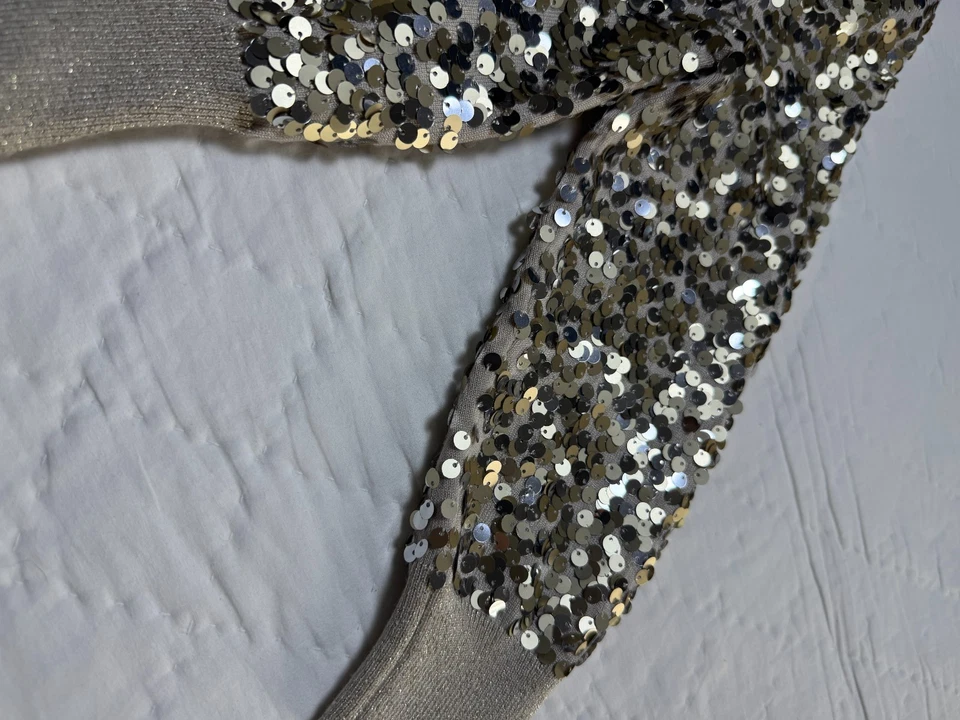 Suéter de mujer White House Black Market cremallera completa dorado lentejuelas manga larga XS Foto 2 de 4