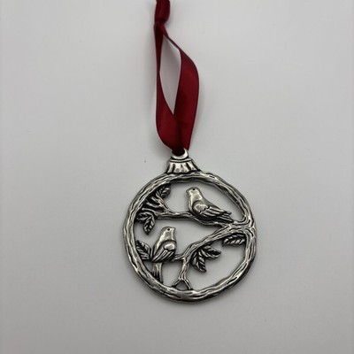 Basic Spirit Pewter Birds On Branch Christmas Tree Ornament Decoration Ribbon