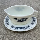 Vintage Pyrex Set Gravy Boat With Plate Old Town Blue Onion Milk Glass