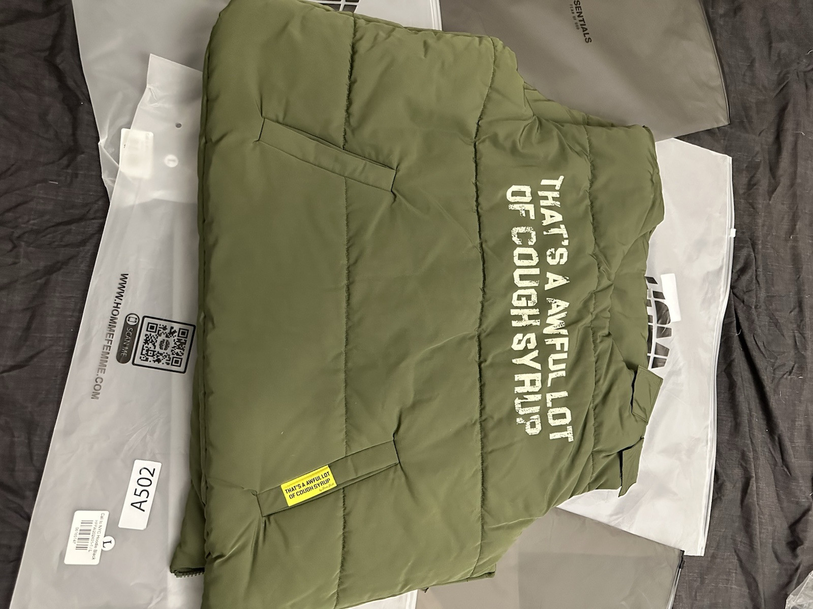 Green Puffer Vest with Cough Syrup Print - Size Large  