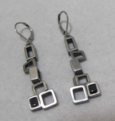 OSMOSE Sonia Ferland Pewter Stacked Blocks Black Glass LeverBack Dangle Earrings