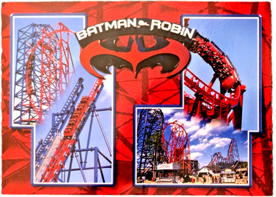 Vintage Six Flags Postcard Batman Robin Coasters The Chiller 1999 DC Comics
