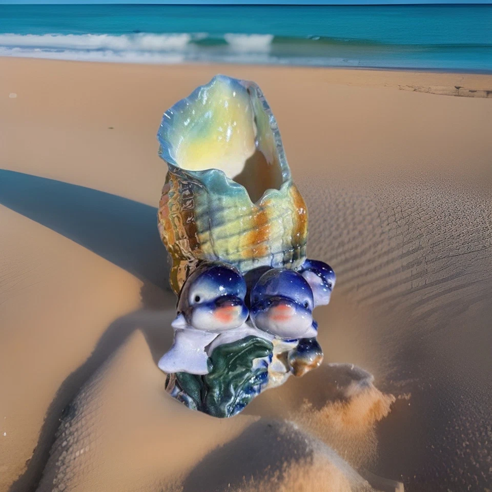 Estatueta vintage iridescente brilho golfinho concha decoração oceano costeiro - Imagem 3 de 4