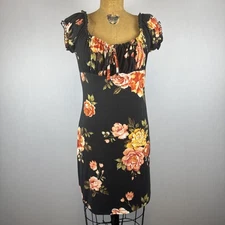 J for Justify Womens Black Floral Puff Sleeve Mini Dress Sz L Ruched Cottagecore