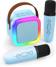 Mini karaoke portatil bluetooth con 2 microfonos regalo infantil azul hogar