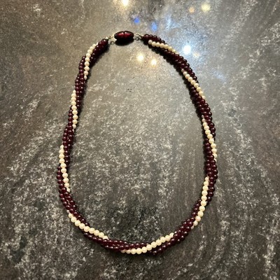 Vtg Deep Red Faux Pearl Ruby Plastic Triple Strand Layer Twisted  18'' Necklace