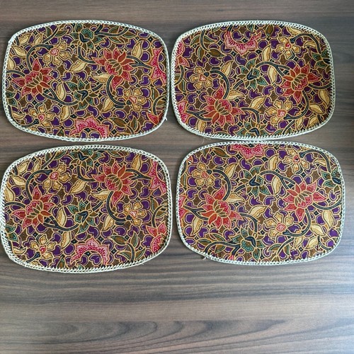 Juego de 4 colchonetas y posavasos de tela y paja batik indonesio vintage Bobo años 70 - Imagen 4 de 7
