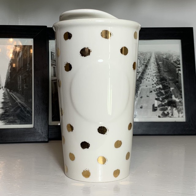 Starbucks 2014 Gold Polka Dot Collection Travel Mug Tumbler Ceramic W Lid 10 Oz Ebay