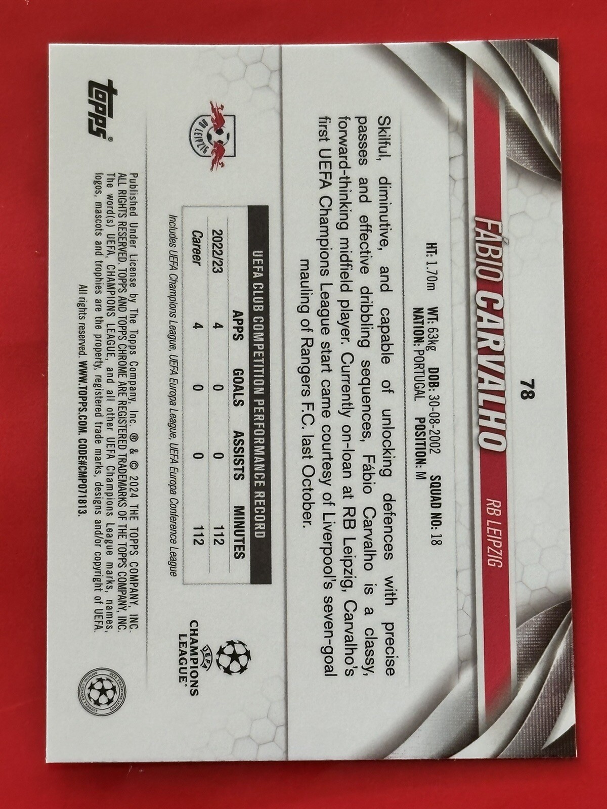 2023 Topps Chrome Sapphire Soccer Fabio Carvalho Vet Base Leipzig #78 view 2