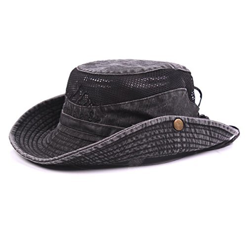  Sun Hat for Men, Cotton Embroidery Summer Outdoor Sun Protection Wide Black
