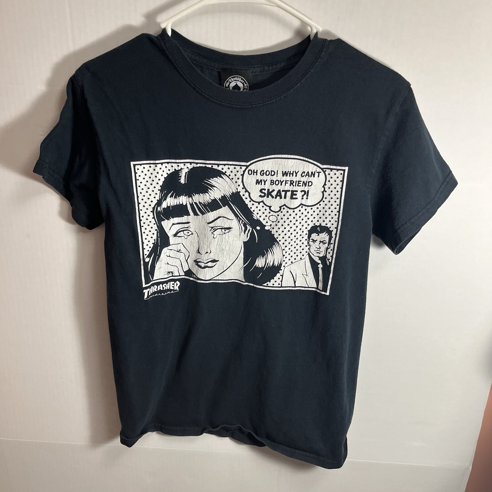 Thrasher “why can’t my boyfriend skate” big logo tee shirt Womens Small