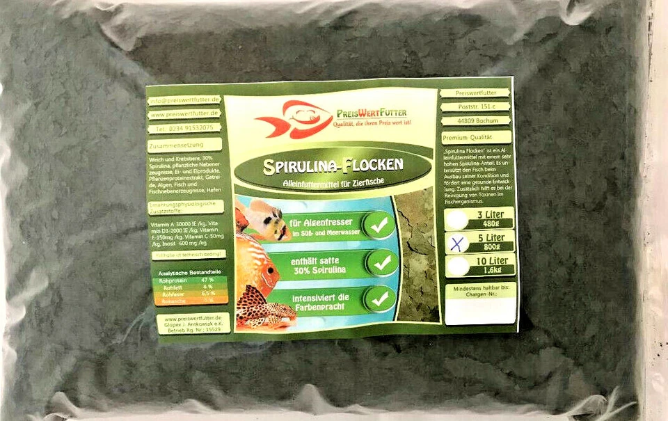 Spirulina 30% Flocken 5 L BEUTEL 800 g Futter Fischfutter Algen Barsch Aquarium