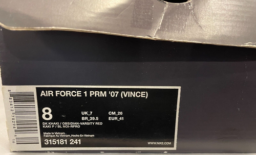 Nike Air Force 1 Premium '07 Vince Carter Mens 8 Dark Khaki Red 315181 241 - Picture 12 of 12