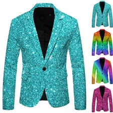 Mens 3D Printed Sequin Suit Jacket Fashion Lapel Button Up Party Blazer Suit-Top