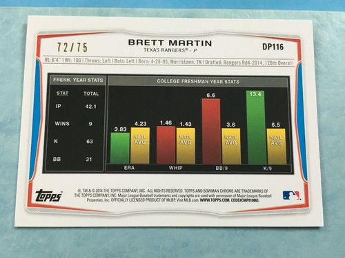 Bowman 1st Green 2014 #DP116 BRETT MARTIN Rookie-Prospect/75 | Rangers SP RC - Imagen 4 de 4
