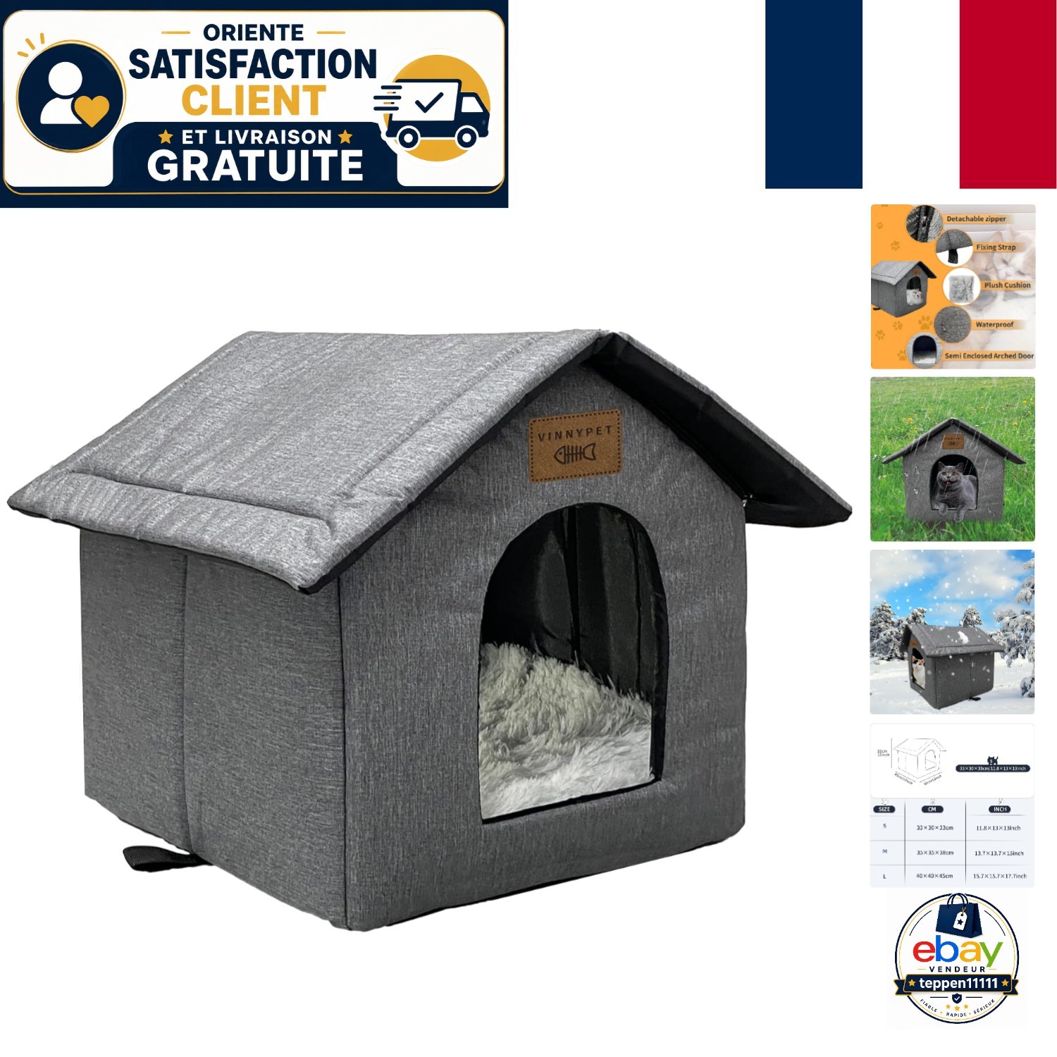 Niche d'extérieur pour chats contre le gel abri étanche en tissu Oxford noir