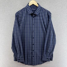 Mizzen + Main Leeward Shirt Mens Large Trim Fit Blue Plaid Stretch Spread Collar