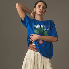 Camiseta gráfica Farm Rio Beet Farm to Table Anthropologie azul orgánico XL NUEVA