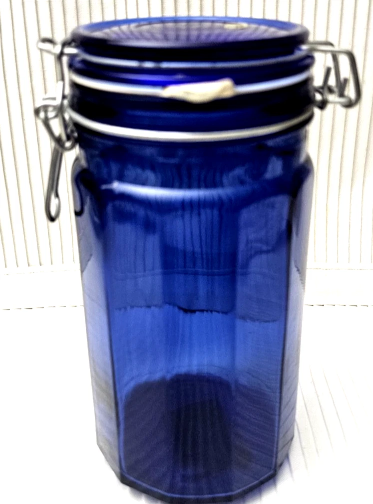 Blue Glass Storage Jar 12 Panel Dodecagon Airtight Wire Clamp Lid 8 Inch Tall GA