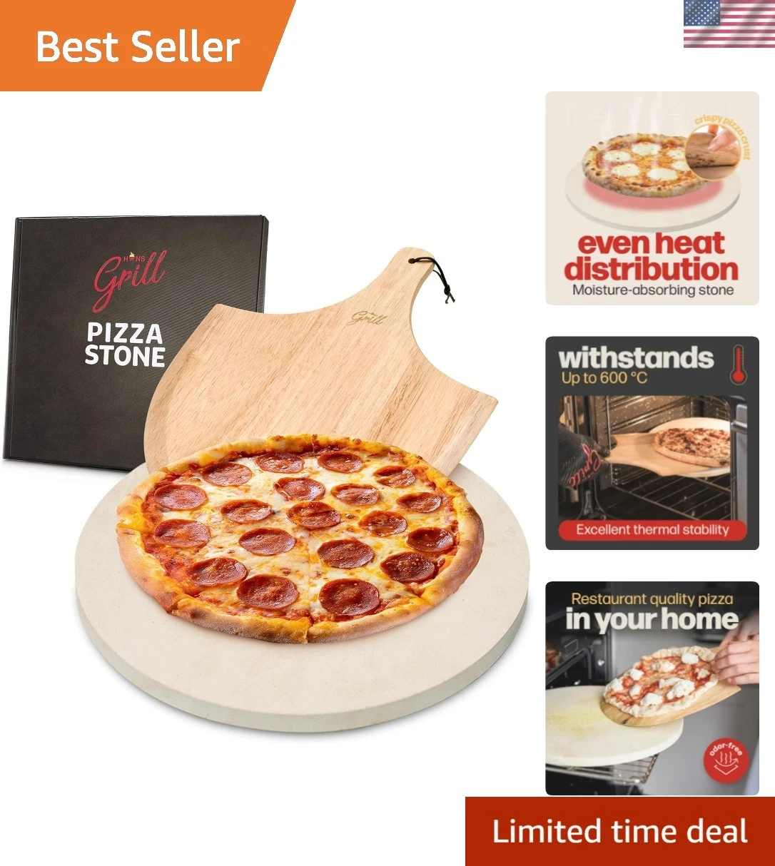 Extra Large 15" Pizza Stone with Wooden Peel - Perfect for Grilling & Baking