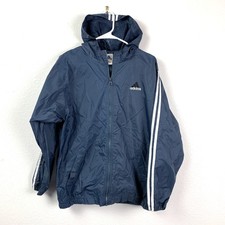 Vintage 90s Y2K Adidas Boys XL Blue Full Zip Hooded Windbreaker Jacket 3 Stripes