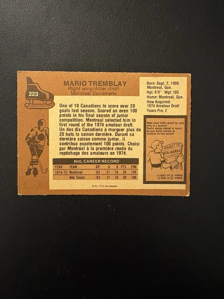 1975-76 OPC #223 RC MARIO TREMBLAY PRINTED IN CANADA SHARP VG-EX! CENTERED! - Image 2 of 2