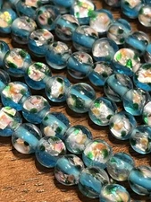 Vintage Lampwork Beads 6in  Strand Turquoise Foil 1940s  Flower Beads 6mm