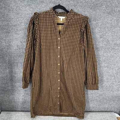 Garnet Hill Daphne Dress Women's L Brown Gingham Corduroy Button