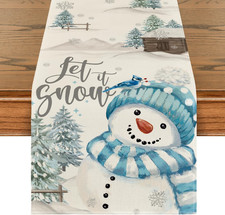 Xmas Trees Let It Snow Blue Snowman Christmas Table Runner, Seasonal Winter Holi