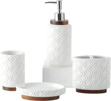 Bathroom Accessories Set 4 Pcs Toothbrush Holder Soap Dispenser Ceramic and Wood