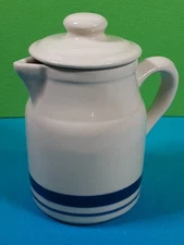 FP Roseville Ohio Cream & Blue Striped USA Small Pitcher With Lid 4.25" Tall