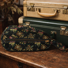 Vintage 60s Floral Tapestry Shoe Bag Red Lining Zipper Case