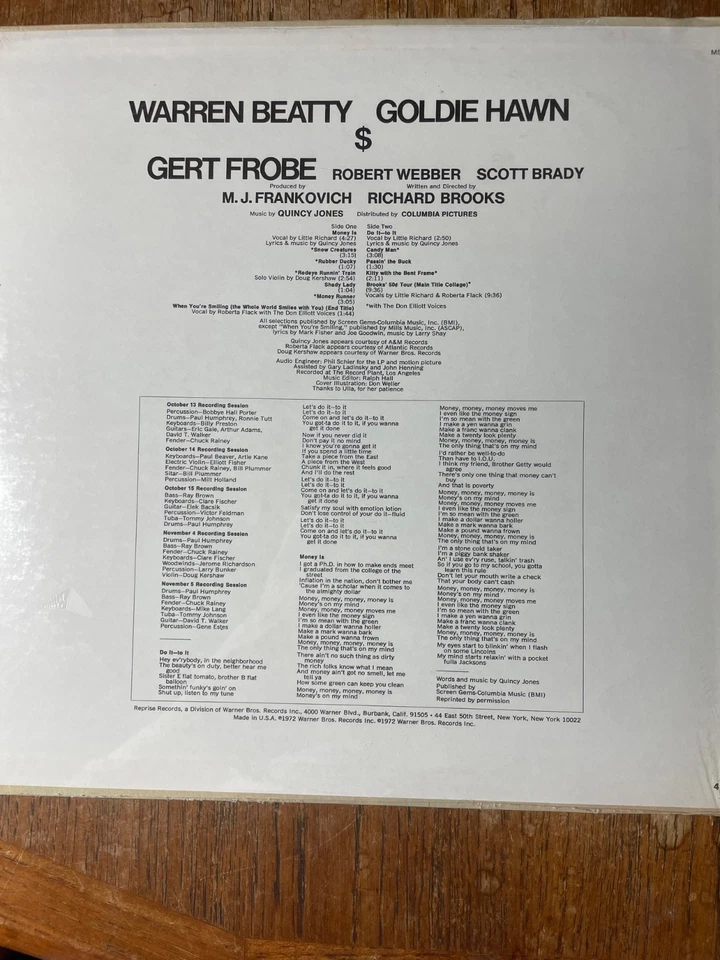 Quincy Jones – $ (Music From The Original Motion Picture Sound Track) NEW LP - Image 2 of 2