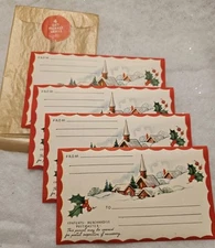 Lot 4 Vtg Christmas Parcel Post Gummed Mailing Label Unused Snowy Village Church