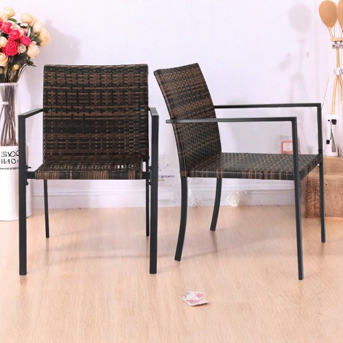 2pcs Woven Rattan Armchairs - Brown Ombre, Black Steel Frame & Stackable - Picture 19 of 24