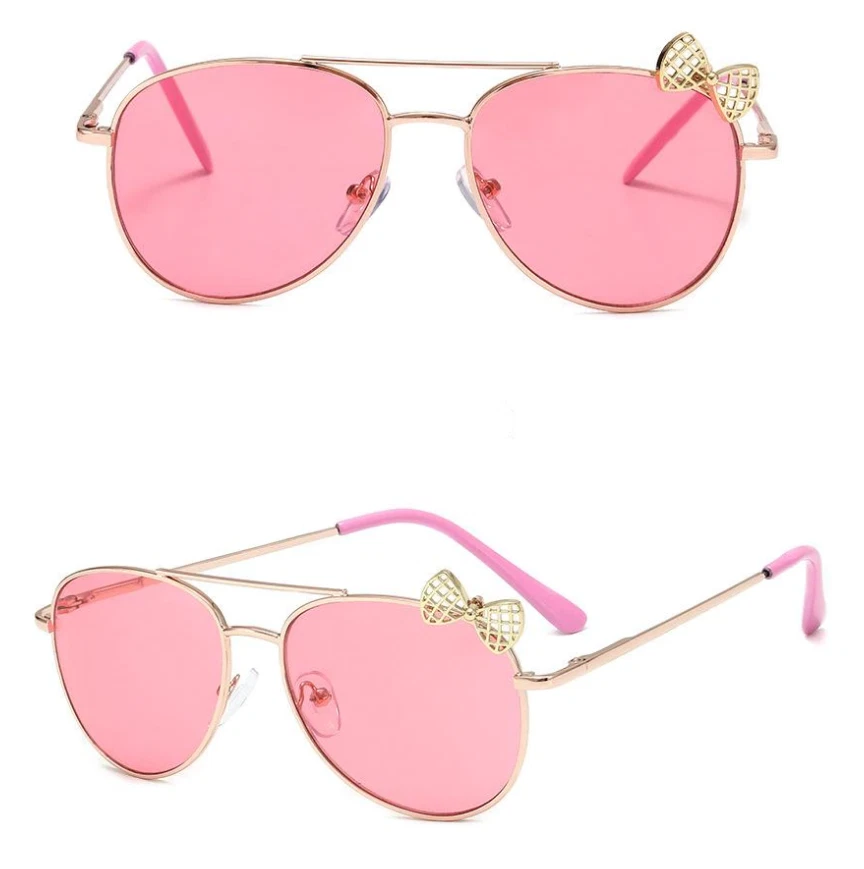 Lunettes de soleil solaires uv400 enfants aviateur doré rose noeud kitty côté - Photo 1/1