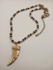 Brass Color Metal Wire Wrapped Shark Tooth Heishi Beaded Necklace 34in.