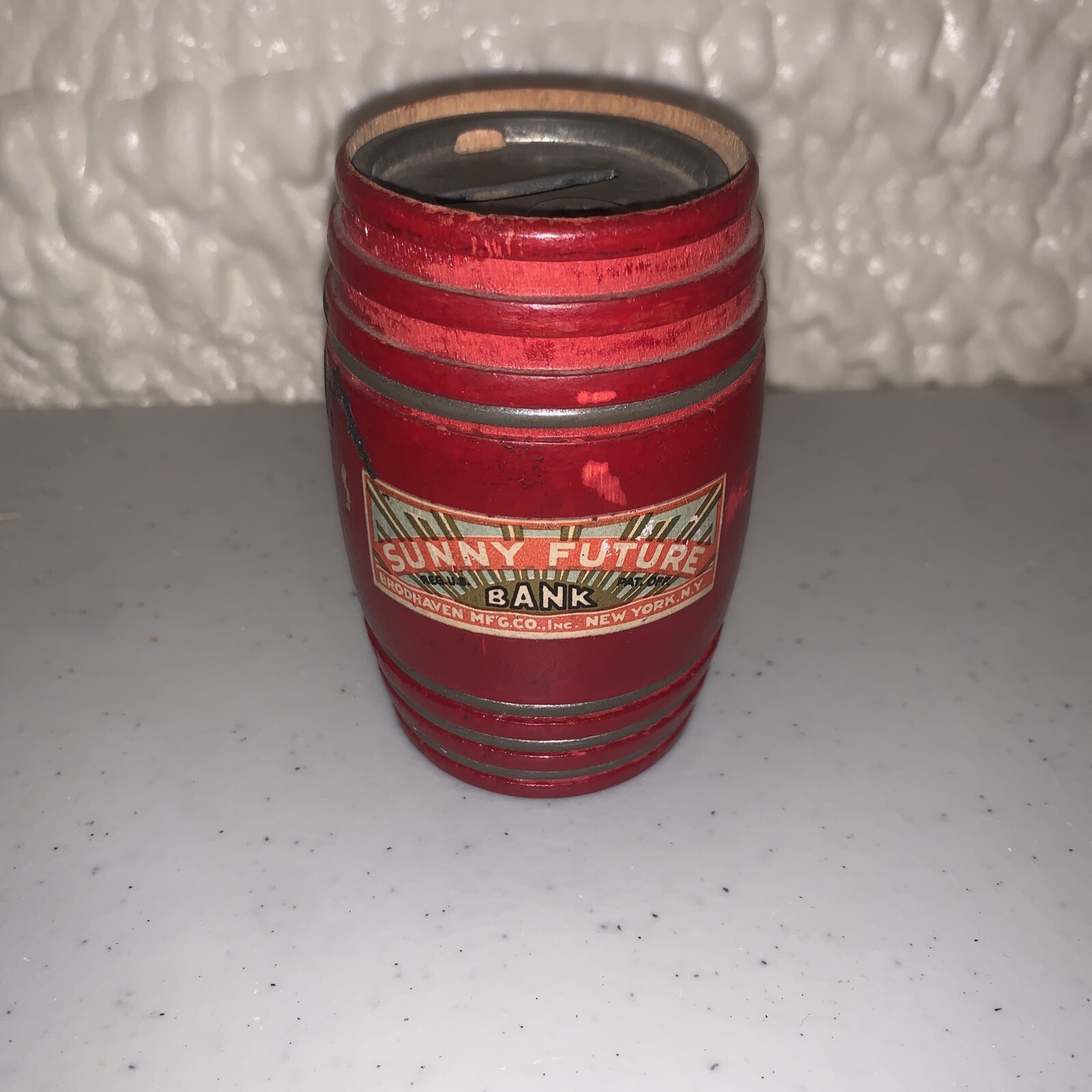 Vintage Wooden Barrel Bank. Sunny Future Bank. Metal Top. Inscribed