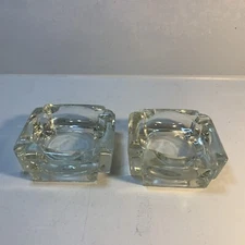 Pair of Vintage Clear Square Glass Ashtray Heavy 3.75 Inches MCM Home Decor
