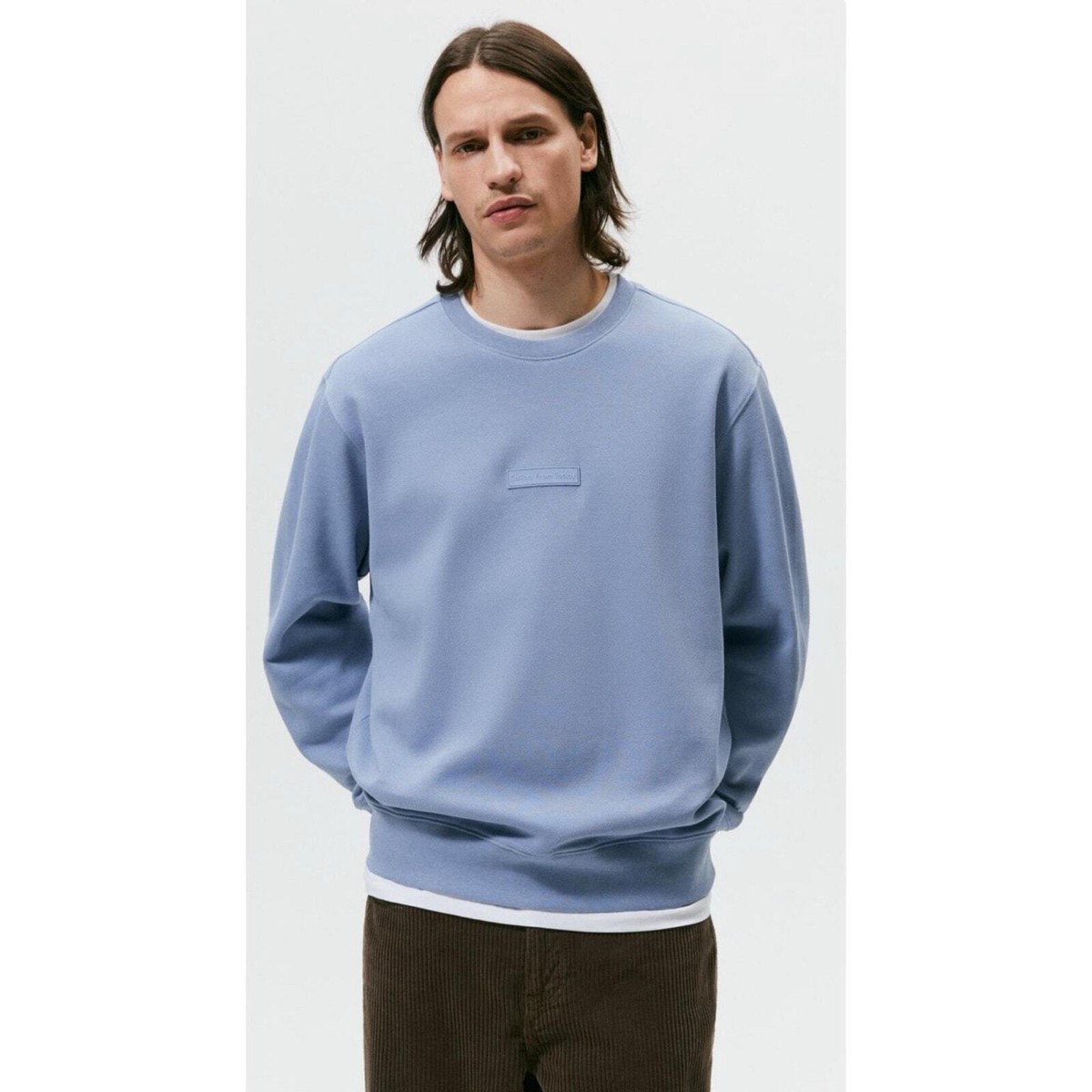 Zara Texture Patch Crew Neck Sweatshirt Sky Blue Relaxed Fit