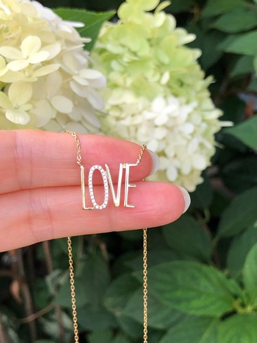 925 Sterling Silver Cz Gold LOVE Pendant Necklace Written Word 16mm 17.25" - Picture 9 of 10