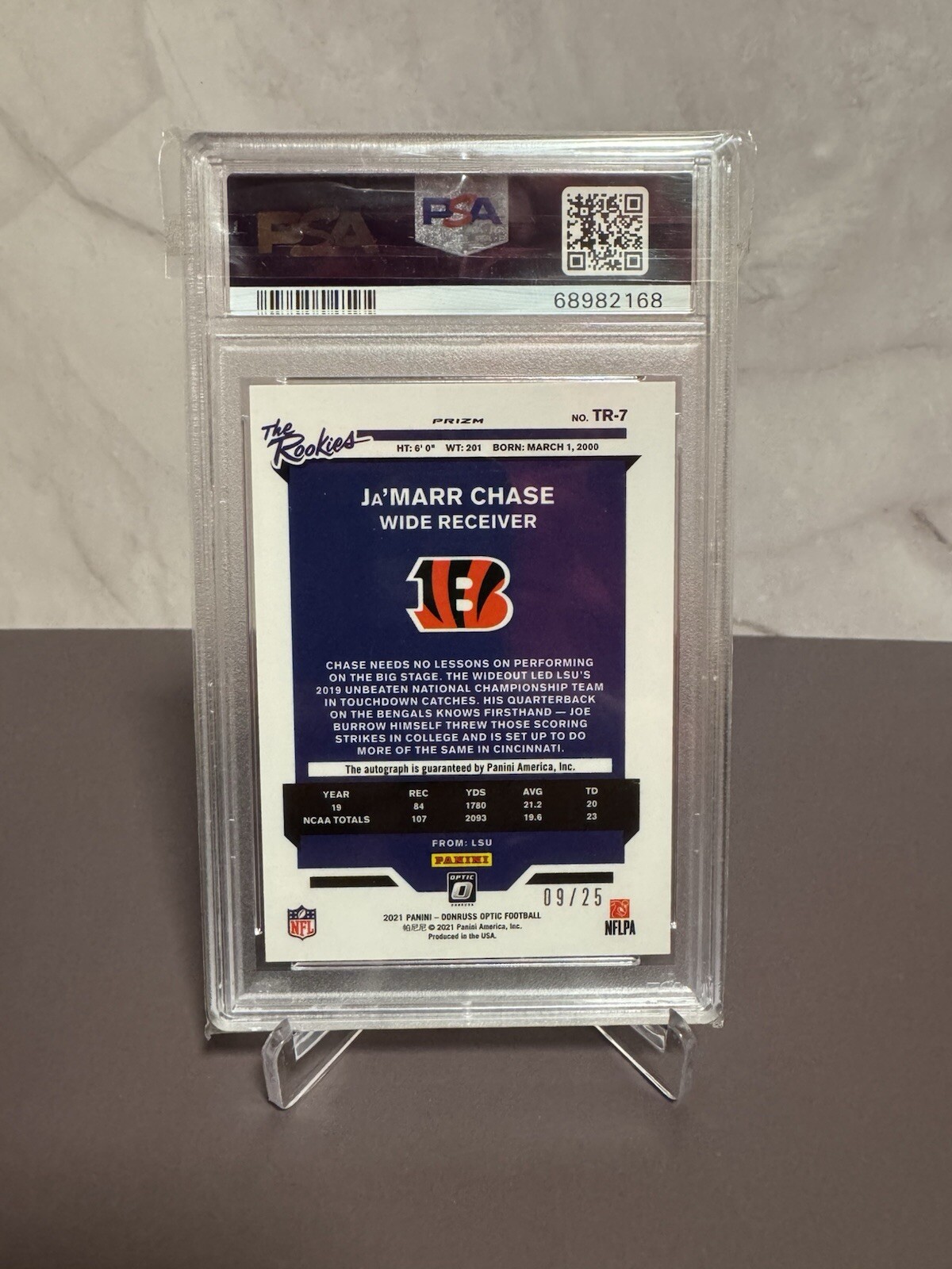 2021 Donruss Optic Ja'Marr Chase Purple Stars Prizm The Rookies Auto #/25 PSA 9  view 2