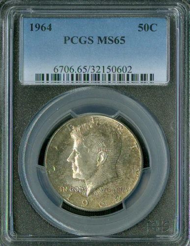 1964 SILVER KENNEDY HALF DOLLAR PCGS MS65 LIGHT TONING .